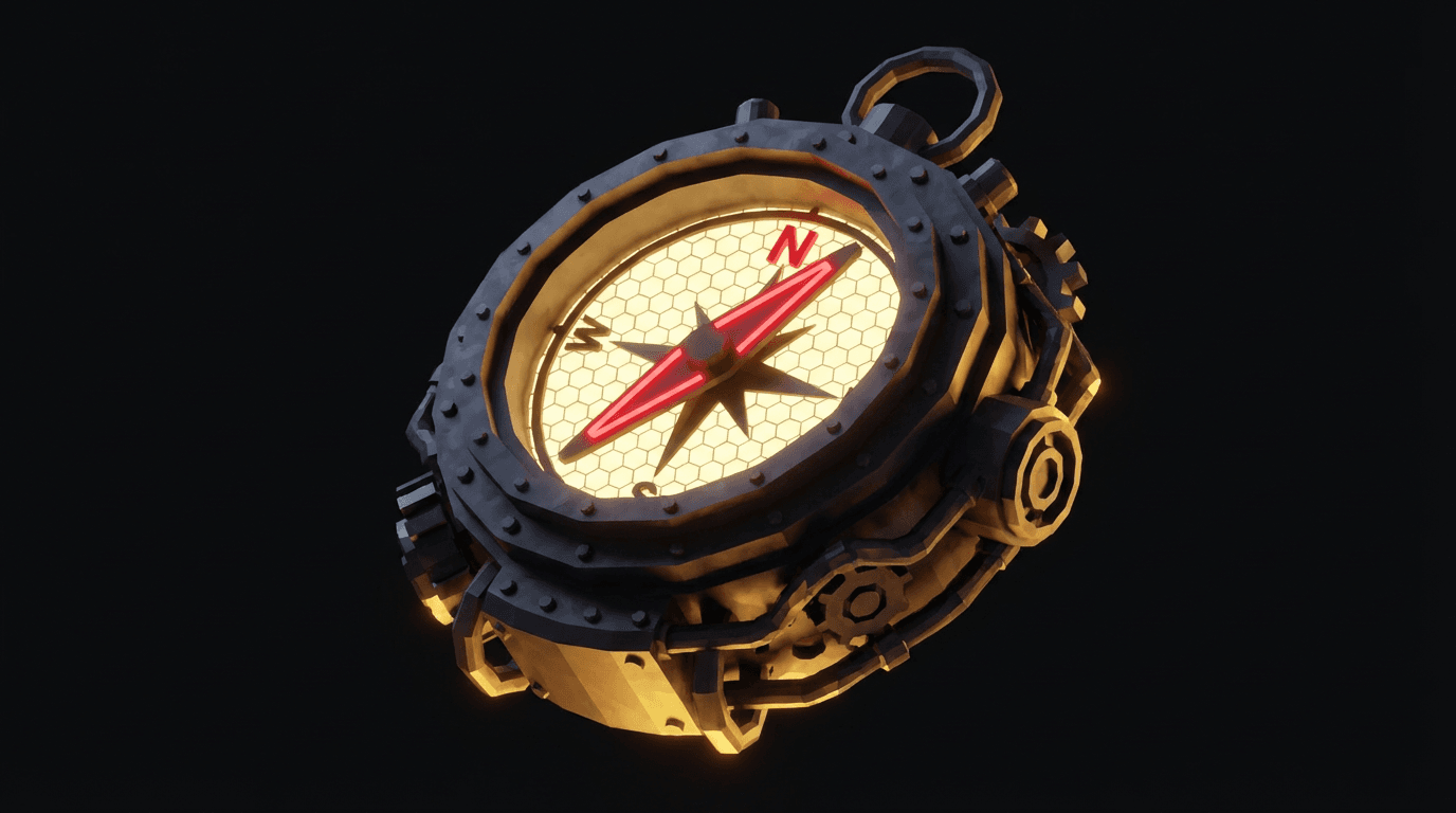 Navigator's Compass — an oversized ornate compass with a hex grid face and a glowing red needle