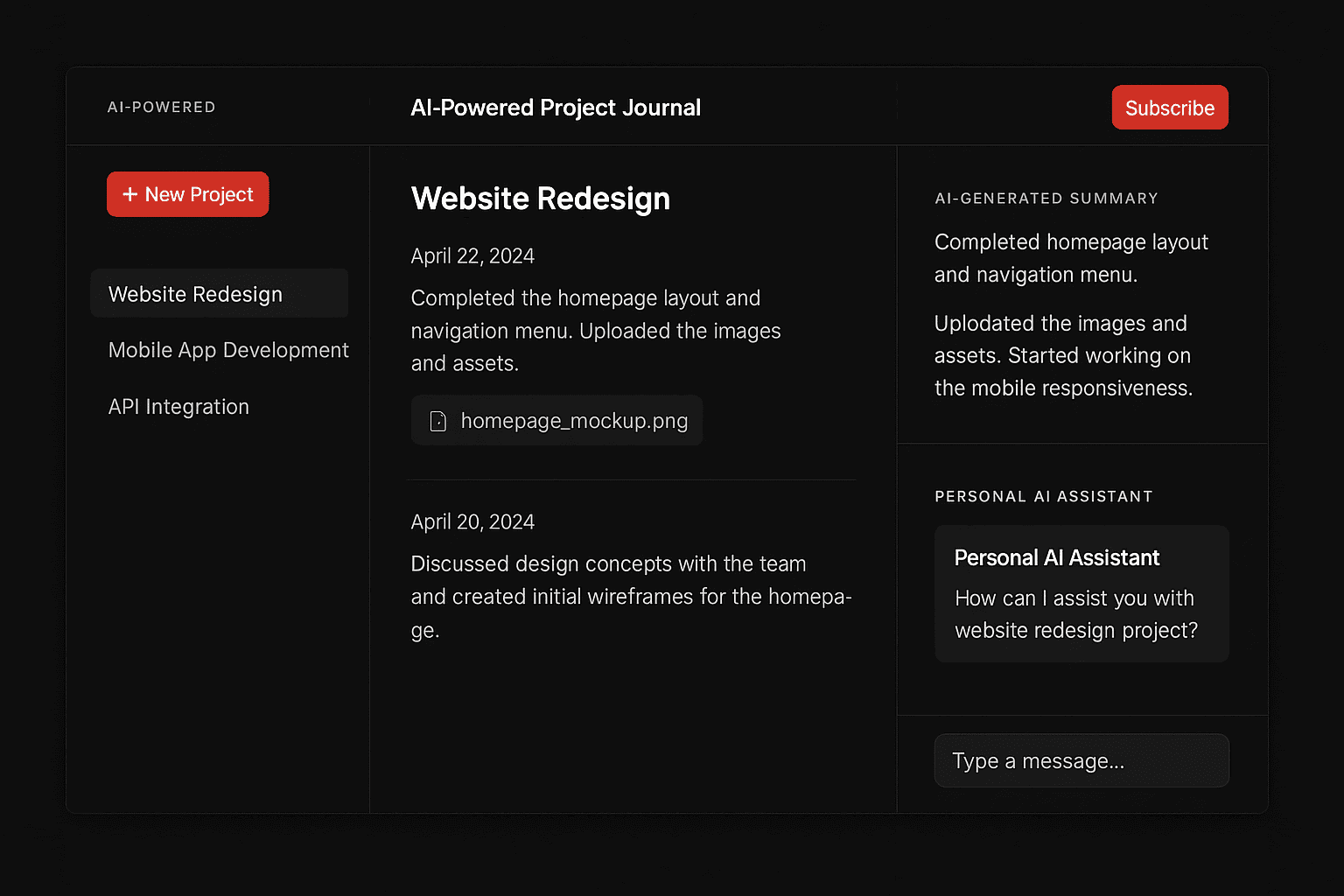 AI Project Journal SaaS - Screenshot showing the project dashboard with entries, AI summaries, and team workspace features