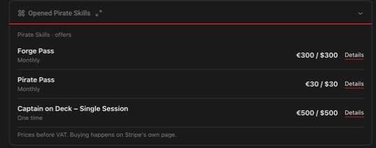 ChatGPT showing the Pirate Skills offers card: the Forge Pass, the Pirate Pass and a single Captain on Deck session, each with its price and a Details link