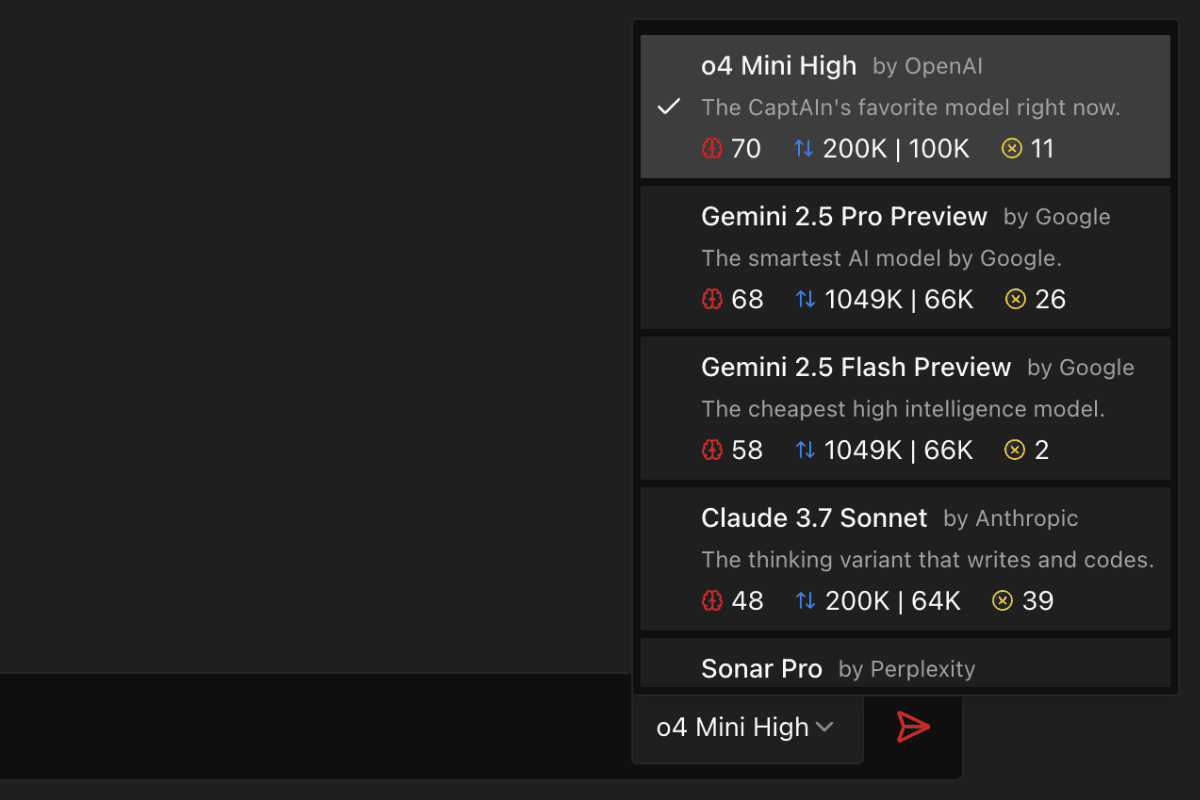 Captain interface showing AI model selection menu