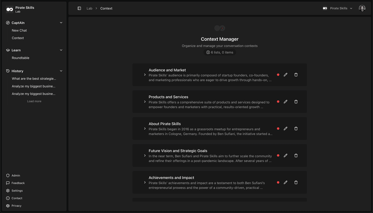 Captain context management interface showing saved business contexts