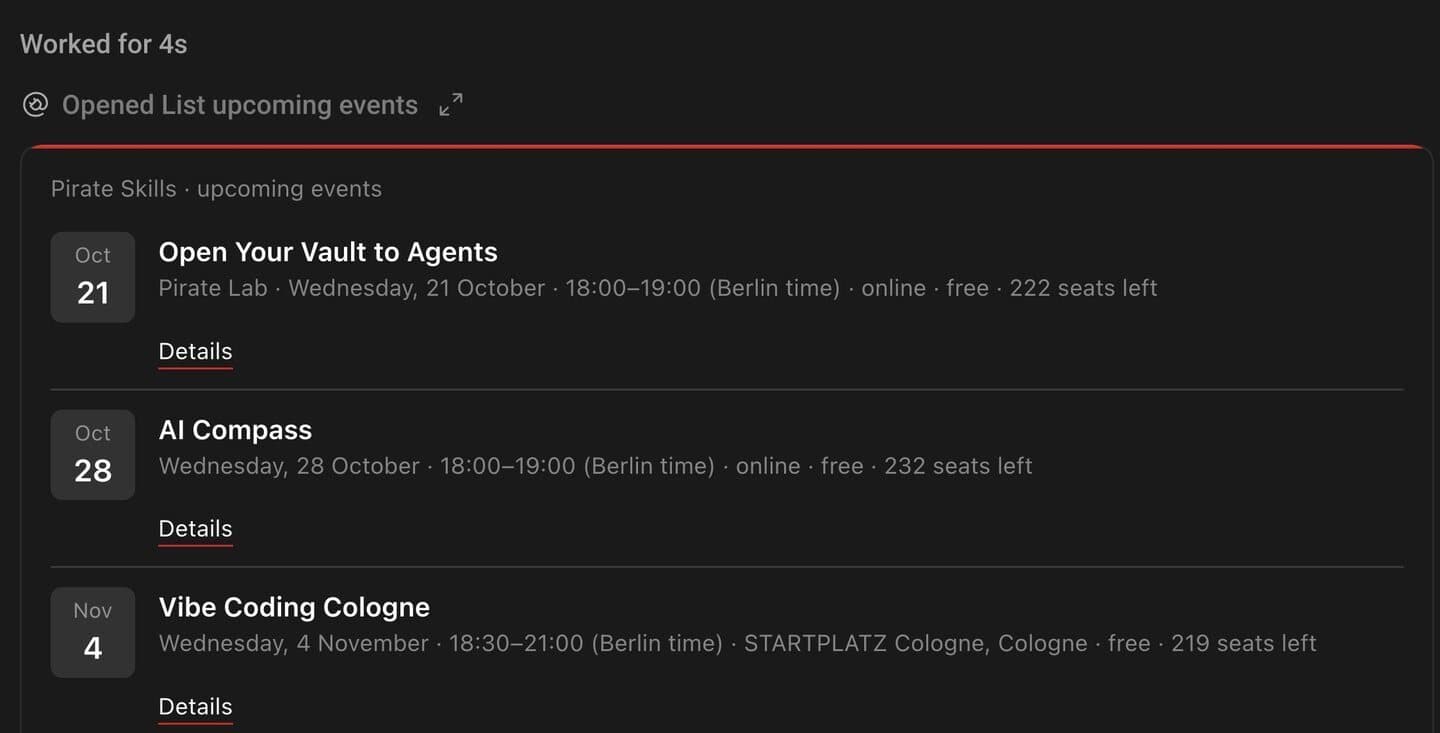 The Pirate Skills events card in the ChatGPT app: Open Your Vault to Agents, AI Compass and Vibe Coding Cologne with dates, Berlin time and seats left
