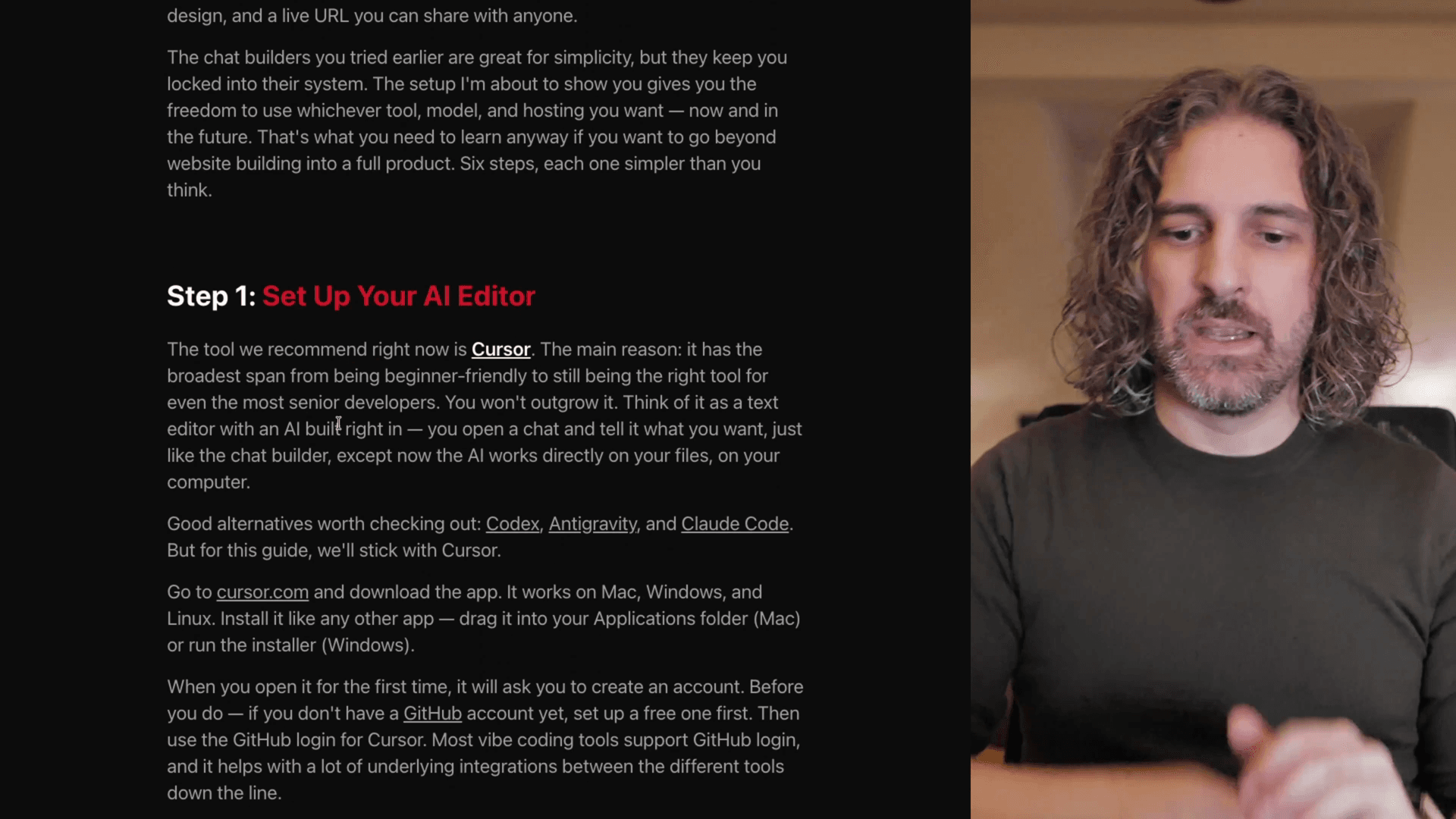 Cursor AI editor with the chat panel open — your AI-powered workspace for building websites by talking.