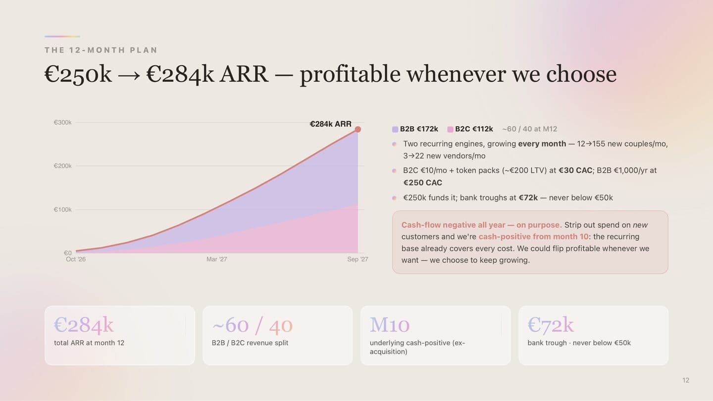 The 12-month plan slide – €250k in, ~€284k ARR out, ~60/40 B2B/B2C, bank troughs at €72k, underlying cash-positive from month 10