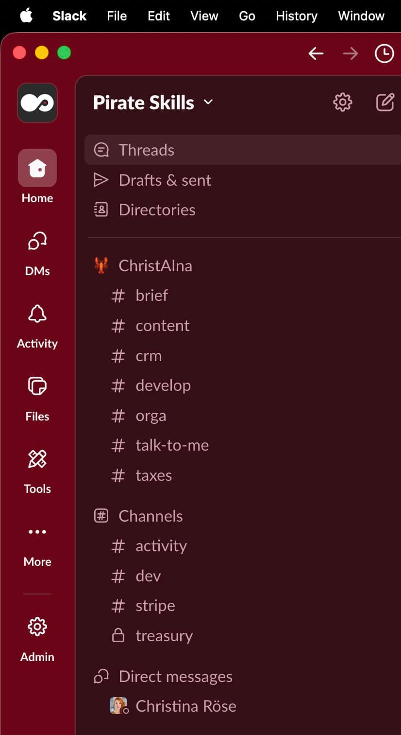 Slack sidebar showing ChristAIna's 7 channels: brief, content, crm, develop, orga, talk-to-me, taxes
