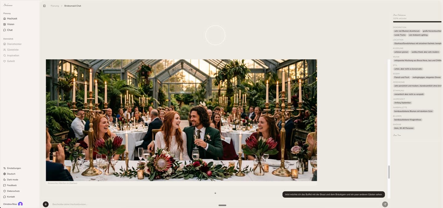 Bridesmaid AI generating a personalized wedding visualization from a conversation