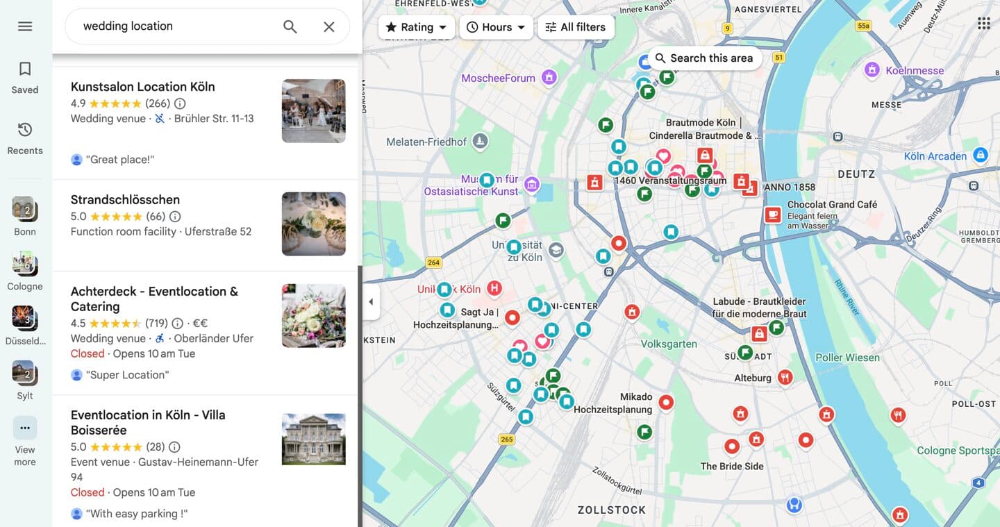 Bridesmaid AI wedding location search showing personalized venue recommendations on a map