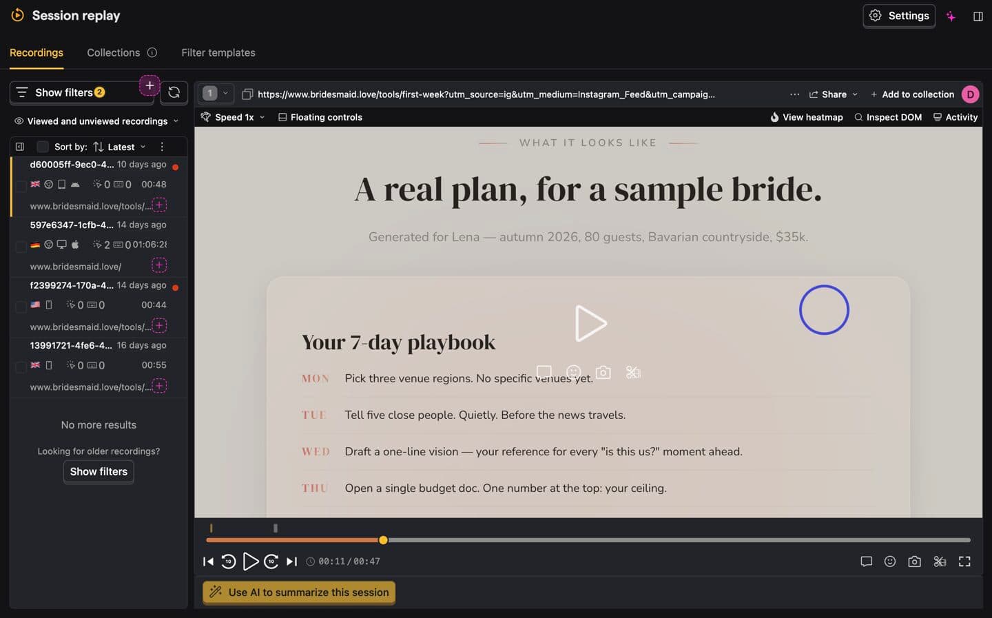A PostHog session replay of the first-week landing page – a real visitor looking at the static sample plan moments before leaving.