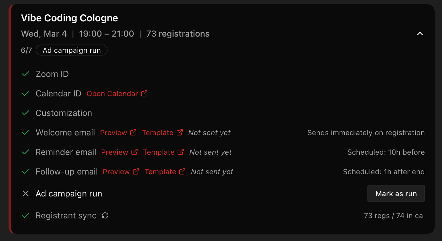 Expanded Event Prep card for Vibe Coding Cologne — showing all checklist items: Zoom ID, Calendar ID, Customization, Welcome/Reminder/Follow-up emails with preview and template links, Ad campaign status, and Registrant sync (73 regs / 74 in cal). 6 of 7 items complete.