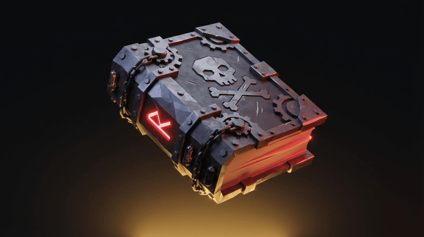 The Builder's Codex — a thick armored tome with a red neon rune on the spine, pages glowing at the edges