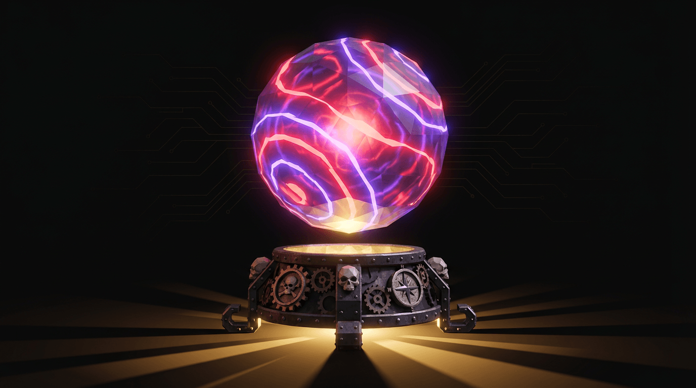 Crystal Deploy Ball — a crystal ball on an iron stand with red and violet light swirling inside