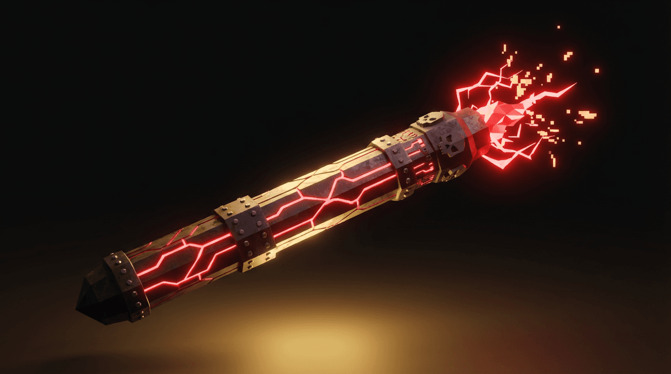 The Cursor Wand — a dark riveted metal magic wand with red neon veins and crackling energy at the tip