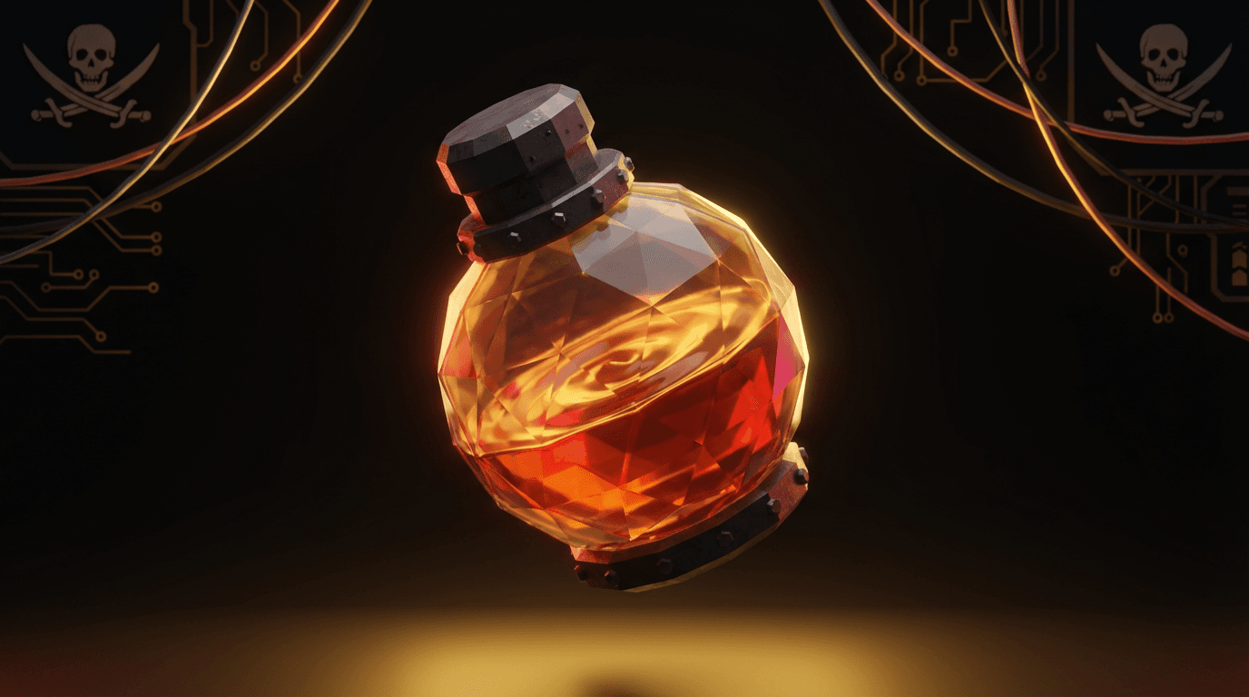The Vibe Potion — a round flask with swirling amber and red glowing liquid inside