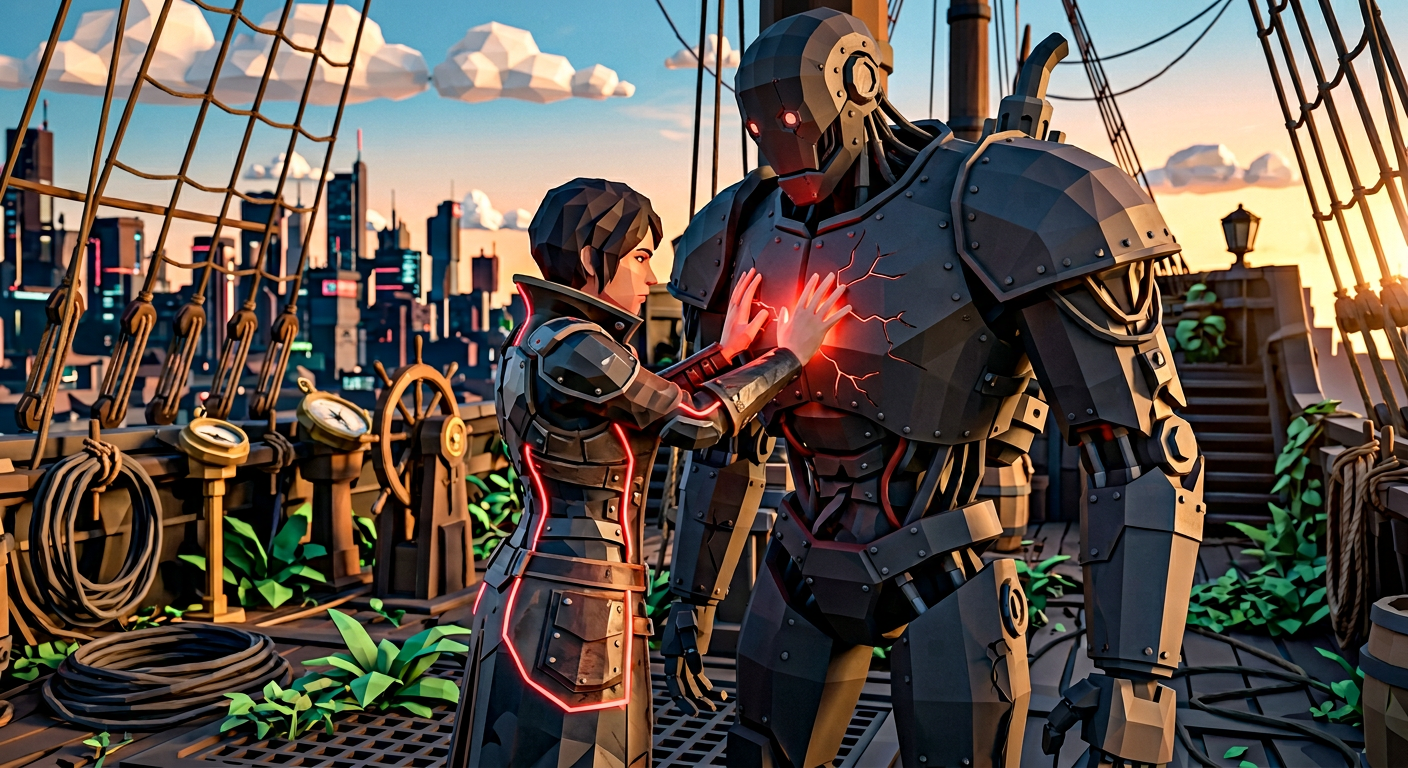 A human figure placing their hand on an AI robot's chest, transferring a glowing red energy — symbolizing the founder injecting soul into AI-scaled content