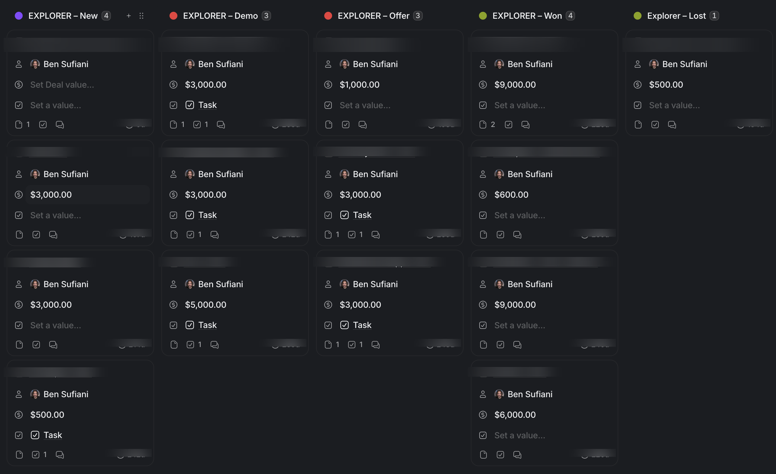 Attio CRM deal pipeline showing stages from New to Demo to Offer to Won to Lost, with deal values and tasks