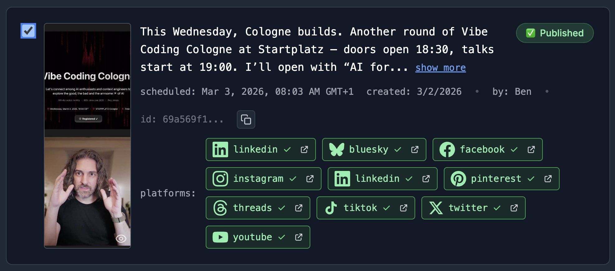 GetLate social media planner showing a post published across 10 platforms simultaneously