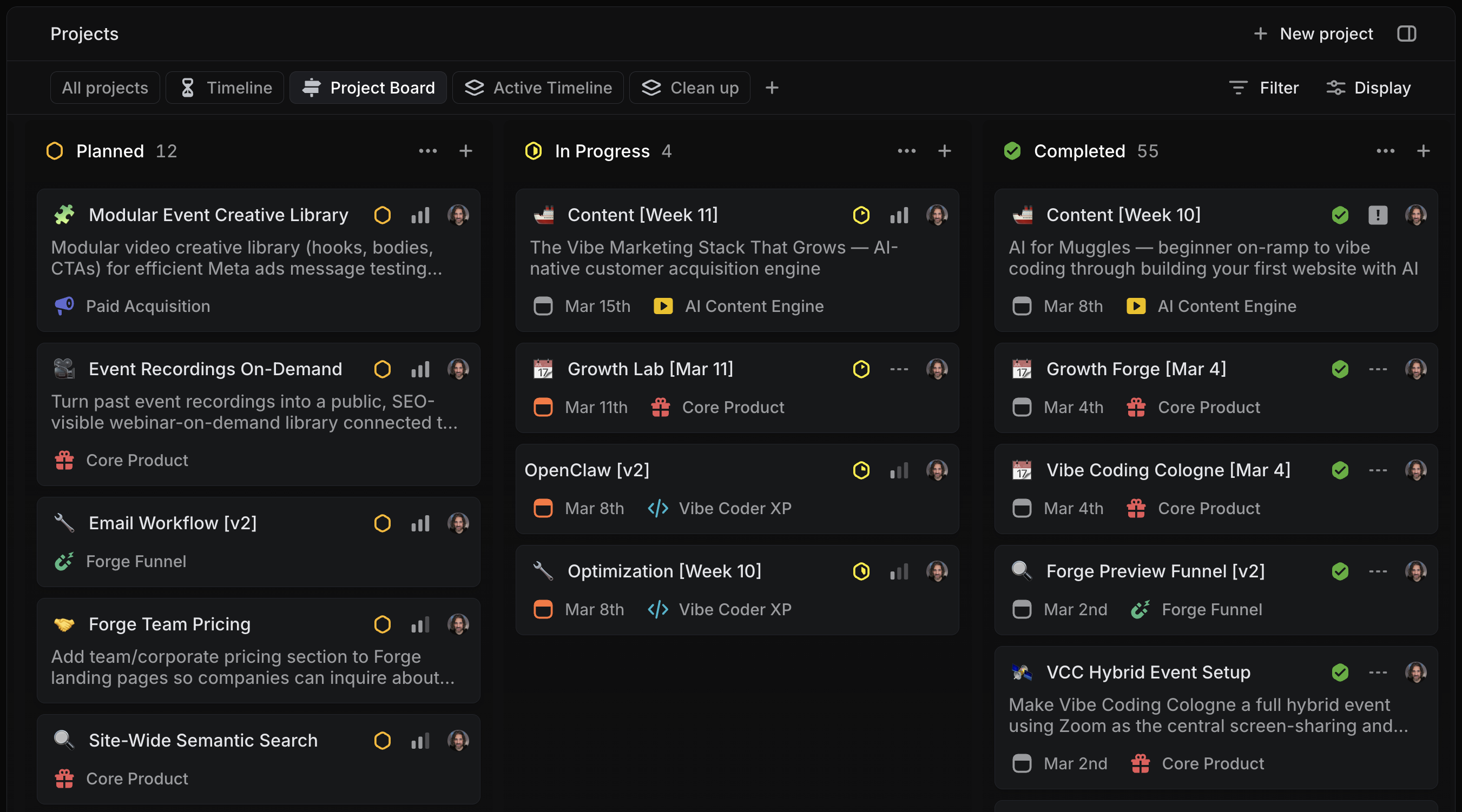 Linear project board showing planned, in-progress, and completed content and builder projects