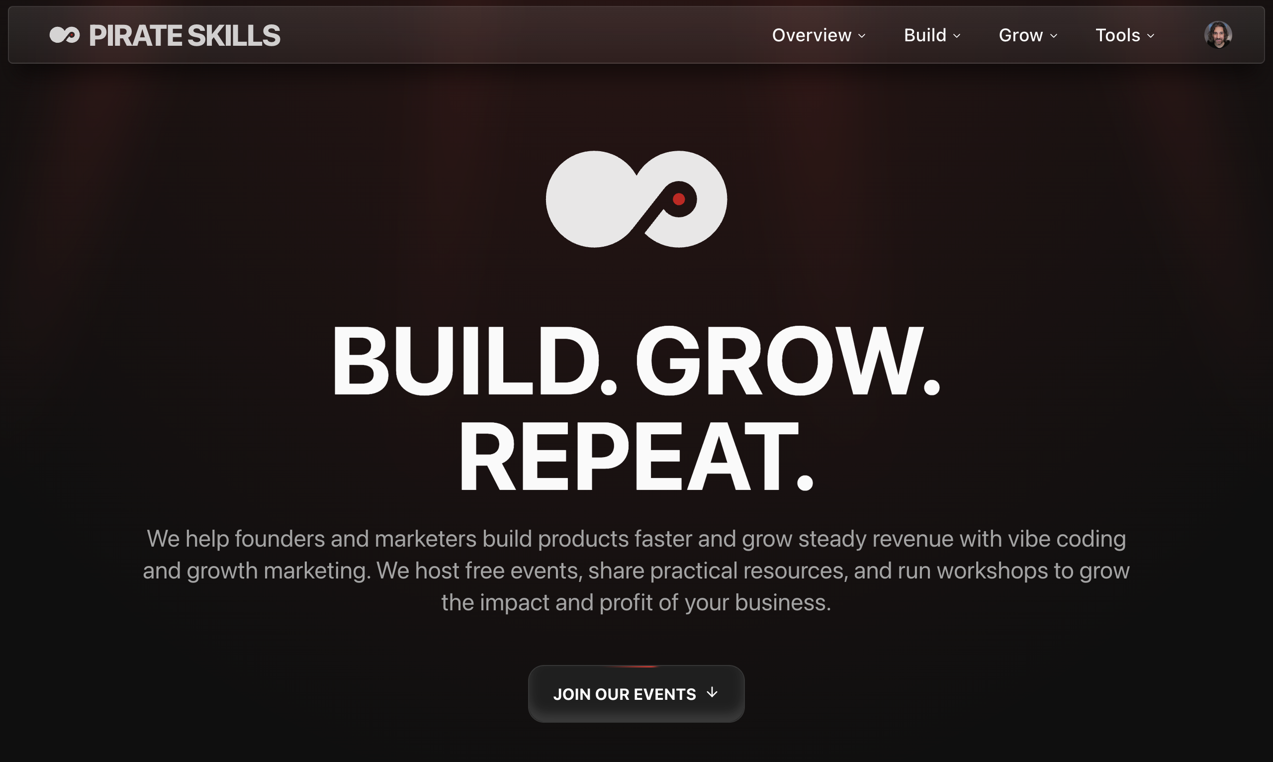 Pirate Skills homepage — Build. Grow. Repeat. A clean, dark-themed landing page built with Next.js and vibe-coded with AI.
